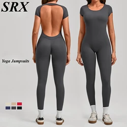 Seamless Yoga Jumpsuits Sports Fitness Hip-lifting Short-sleeved Backless One-piece Workout Gym Leggings Bodysuits for Women