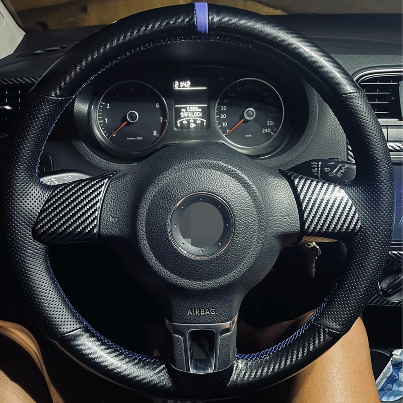 Capa de volante de carro de couro de fibra de carbono preta antiderrapante para Volkswagen Golf 6 Mk6 VW Polo Sagitar Bora Santana Jetta MK5