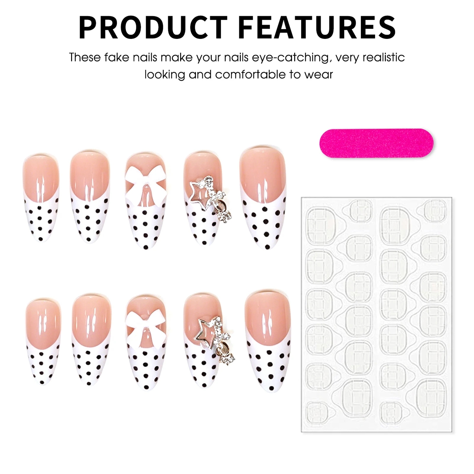 Fake Nail Tips Reusable Press On Nails for Party Women's Polka Dot Bow-Mage Style Short Full Cover Manicure Kit Durable