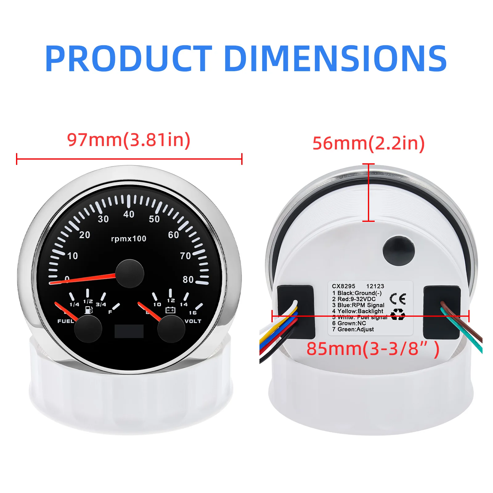 85MM Gauge 3IN1 Tachometer 7 Color Backlight 3000 - 8000 RPM Meter Voltage 12V Fuel Level Gauge For Boat Car Voltmeter