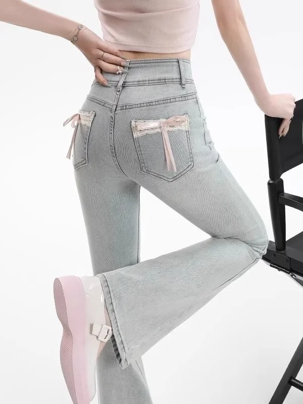 

Женские джинсы-клеш с высокой талией, утягивающие, с кружевными вставками и узлом, новые, весна-осень, длина в пол