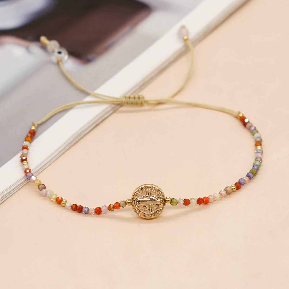 Friendship Bracelets Lucky Coin Jewelry Gift for Women Teen Girl Boho Rainbow Crystal Summer Bracelet Handmade Rope Chain Bangle