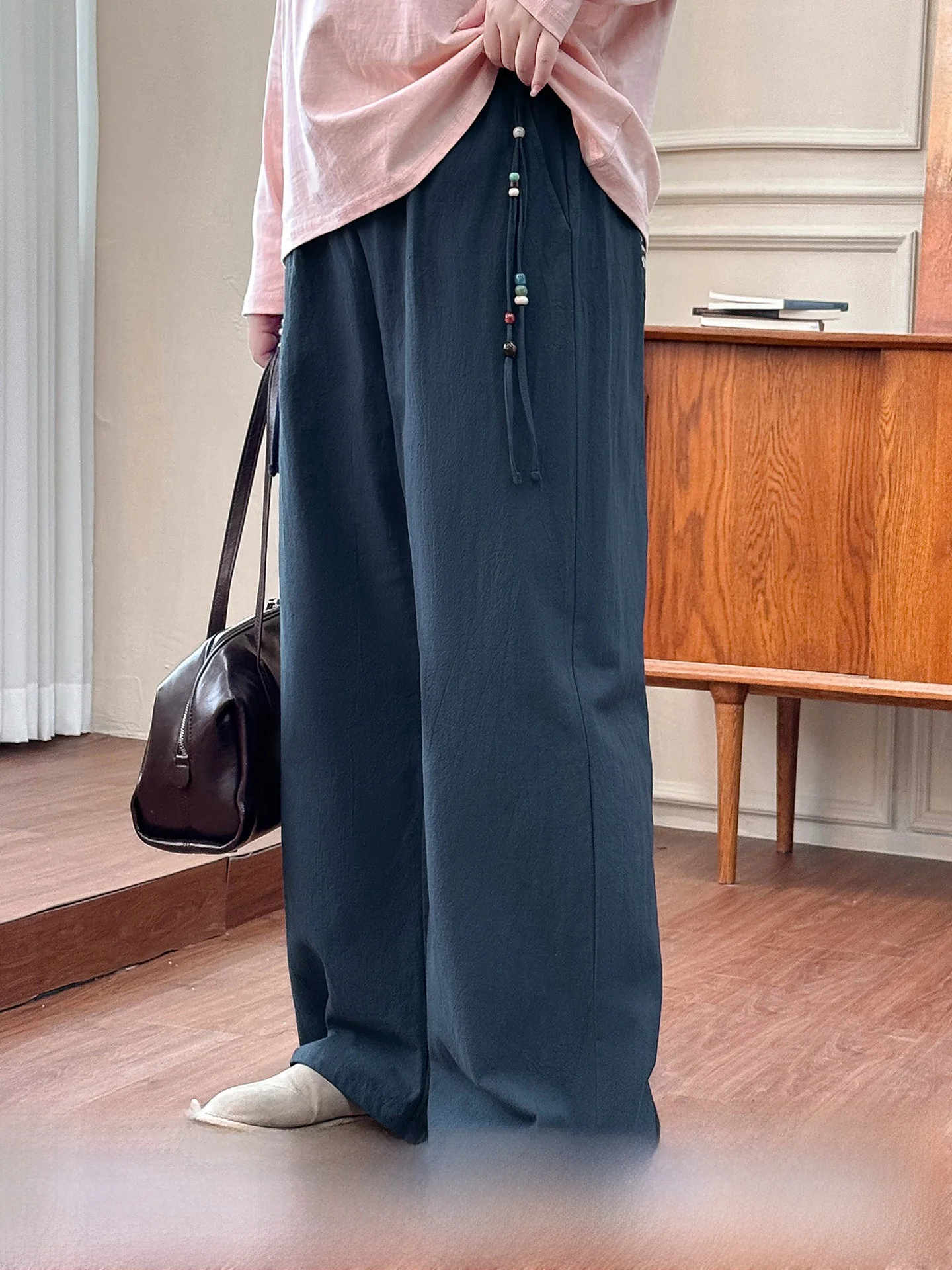 

Свободные повседневные широкие брюки с высокой талией, текстурированные, с вышивкой бисером, декоративные женские модные осенние хлопковые брюки большого размера