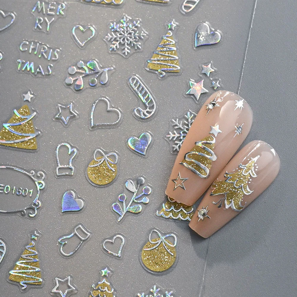12Pcs 3D Glitter Weihnachten Schneeflocken Glocke Elch Nagel Aufkleber Laser Silber Weihnachten Baum Nagel Aufkleber Klebstoff Winter Nägel Dekoration