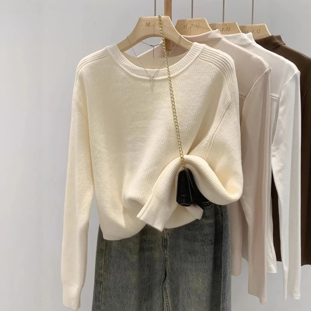 

Women's Short Base Layer Shirt Lazy Overhead Inner Wear Top Spring Autumn Winter Japanese Style Soft Cozy round Neck Knitwear