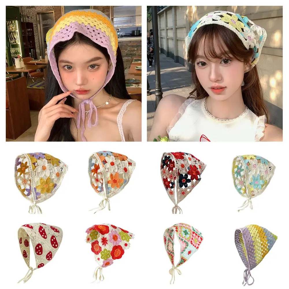 Multicolor Knitting Flower Headband French Retro Pastoral Style Triangular Turban Scarf Travel Beach Little Daisy
