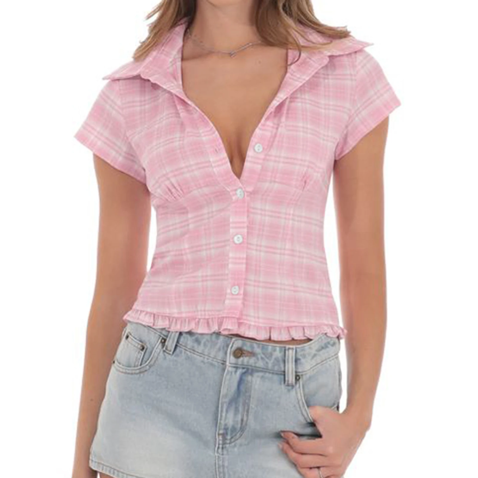 

Women Shirt Short Sleeve Stripes Plaid Button Closure Fit Summer Tops Streetwear