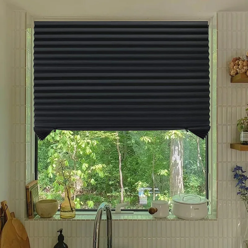 100% Full Blackout Self-adhesive Curtains Blackout Curtains Pleated Curtains Bedroom Home Sunshade Curtain Non Perforated Blinds