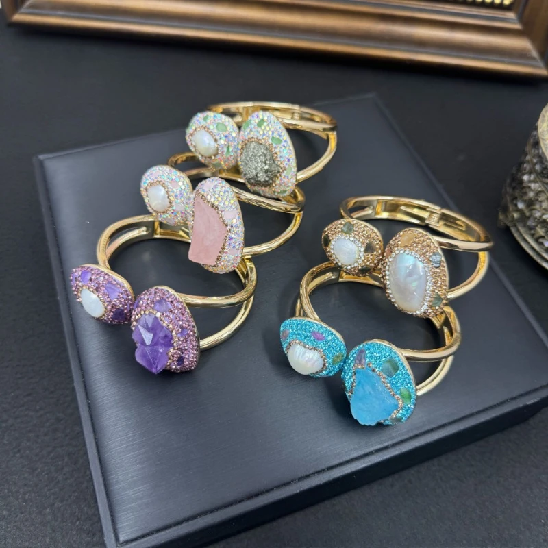 Baroque Pearl Cuff Bracelet for Women Irregular Crystal Open Bangle Jewelry Gift