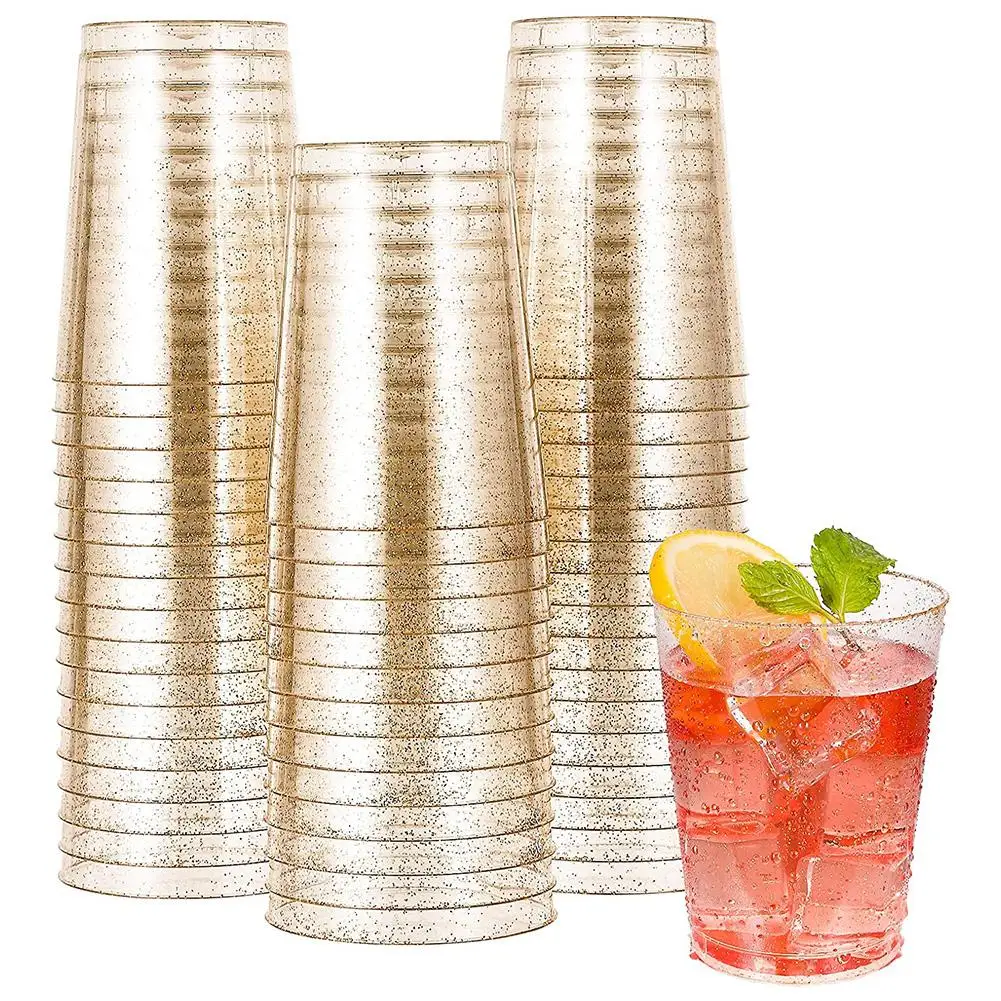 25pcs/set 10oz Disposable Cup Transparent Golden Glitter Plastic Retro Glass Wedding Banquet Birthday Party Tableware Supplies