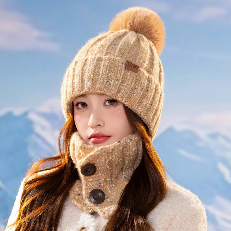 

Women's woolen ball hat thickened for autumn and winter Windproof warm with ear protectors Colorful dotted knitted hat and scart