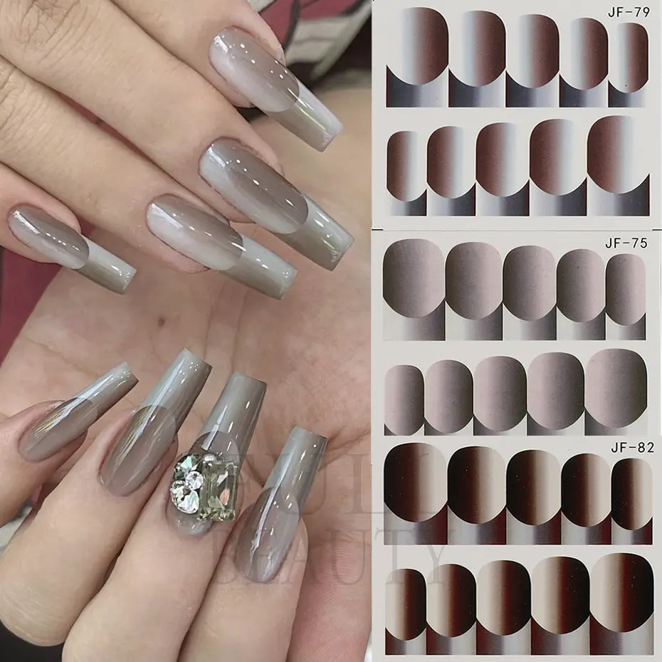 Vertical Ombre French Tip Nails Stickers Gradient Sliver Black Water Wrap Sliders Full Cover Manicure Decals Accessories JF73-84