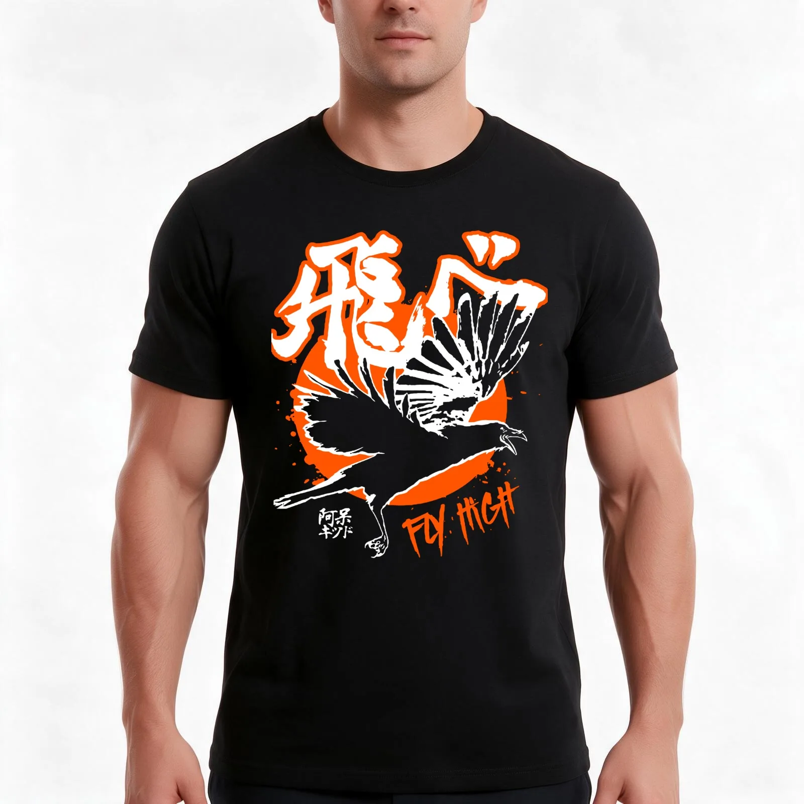 fly high itachi crow T-Shirt, Summer Casual Cotton Tee, Oversized Streetwear Tops, Vintage Graphic Print, Loose Fit Short Sleeve