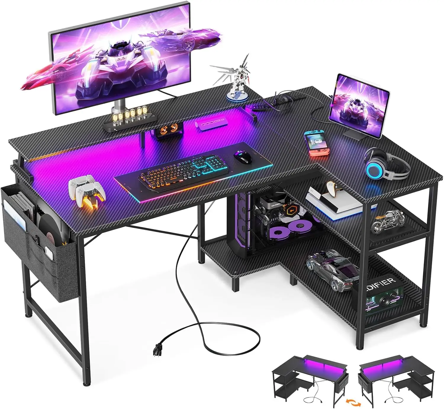 48 Inch Gaming Desk with USB Charging Ports and LED Lights,Reversible L Shaped Computer Desk,Storage Shelves & Monitor Stand