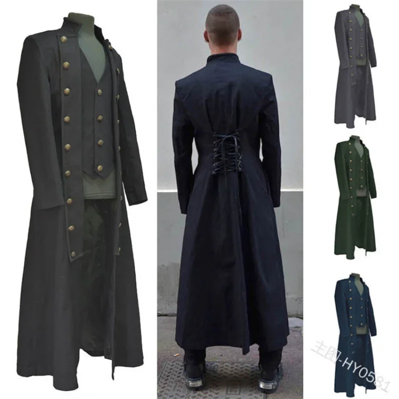 Vintage Medieval Solid Color Long Sleeve Stand-Up Collar Three-Breasted Men's Jacket