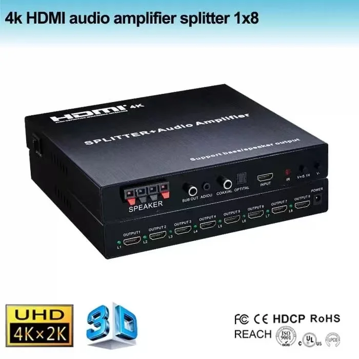 

4K 1x8 Audio Amplifier HDMI-Compatible Splitter Support Bass/Speaker Out