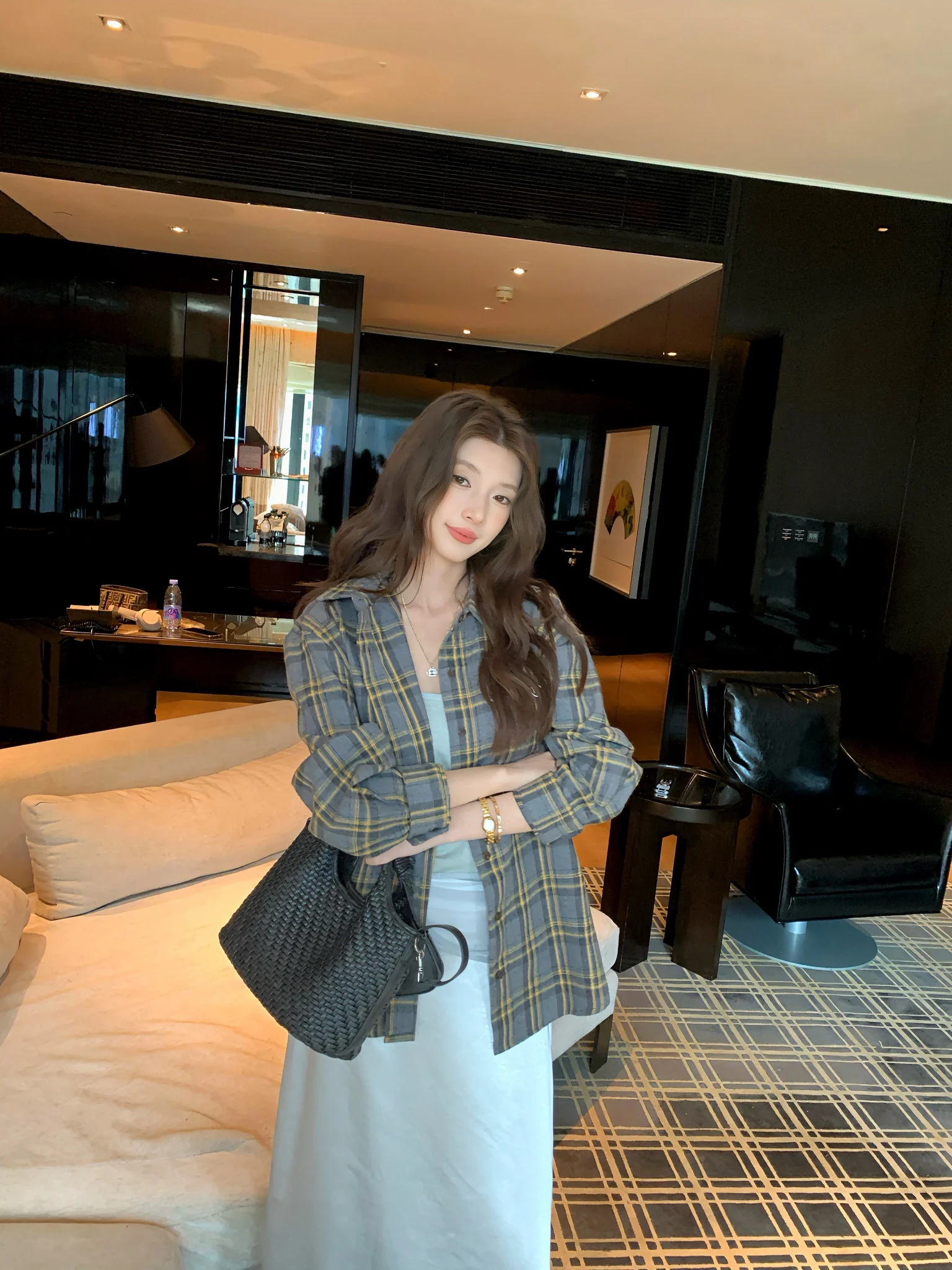 

UKILAU Винтажная клетчатая рубашка-жакет с длинным рукавом для женщин, новинка ранней осени, свободный крой, повседневная, с воротником, из хлопка и полиэстера