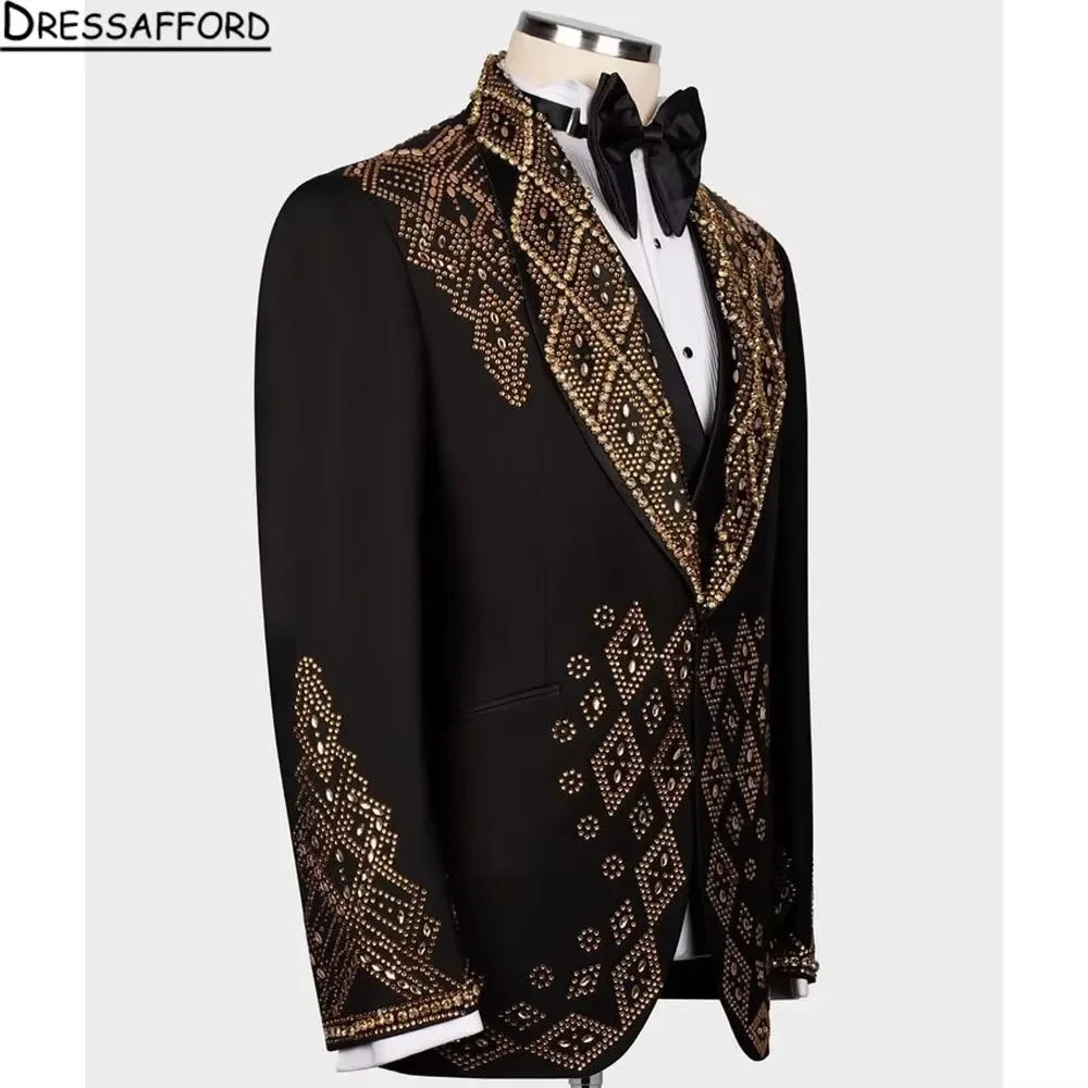 Black Men's Suits Fashion 2 Pieces Sets Groom Prom Blazers Gold Handmade Beaded Crystal Decoration Tuxedos Men