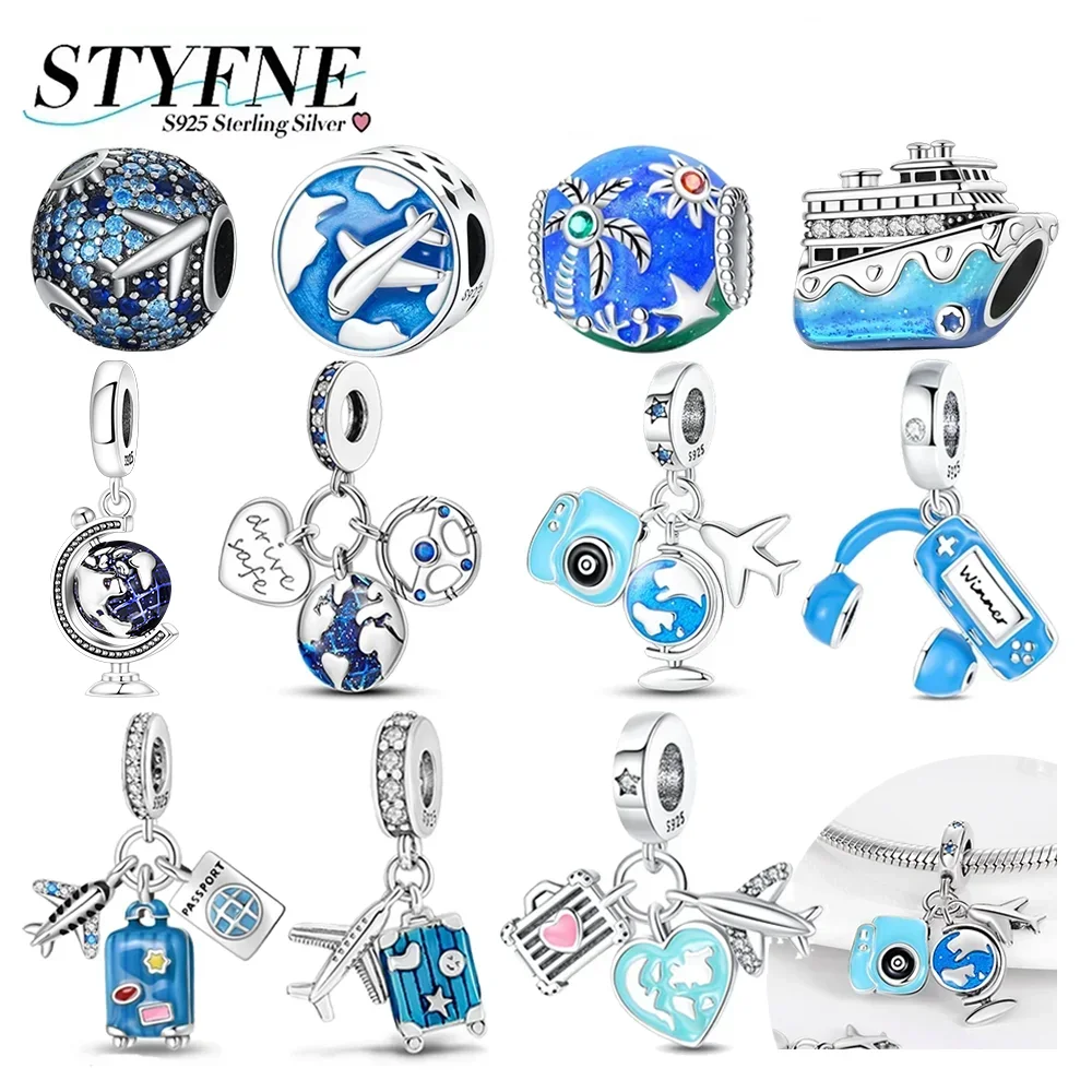 

Очаровательный серебро 925, земля, самолет, чемодан, наушники, бусины из кокосовой пальмы, подвеска, подходит для оригинального браслета, подвеска «сделай сам», ювелирные изделия, подарок