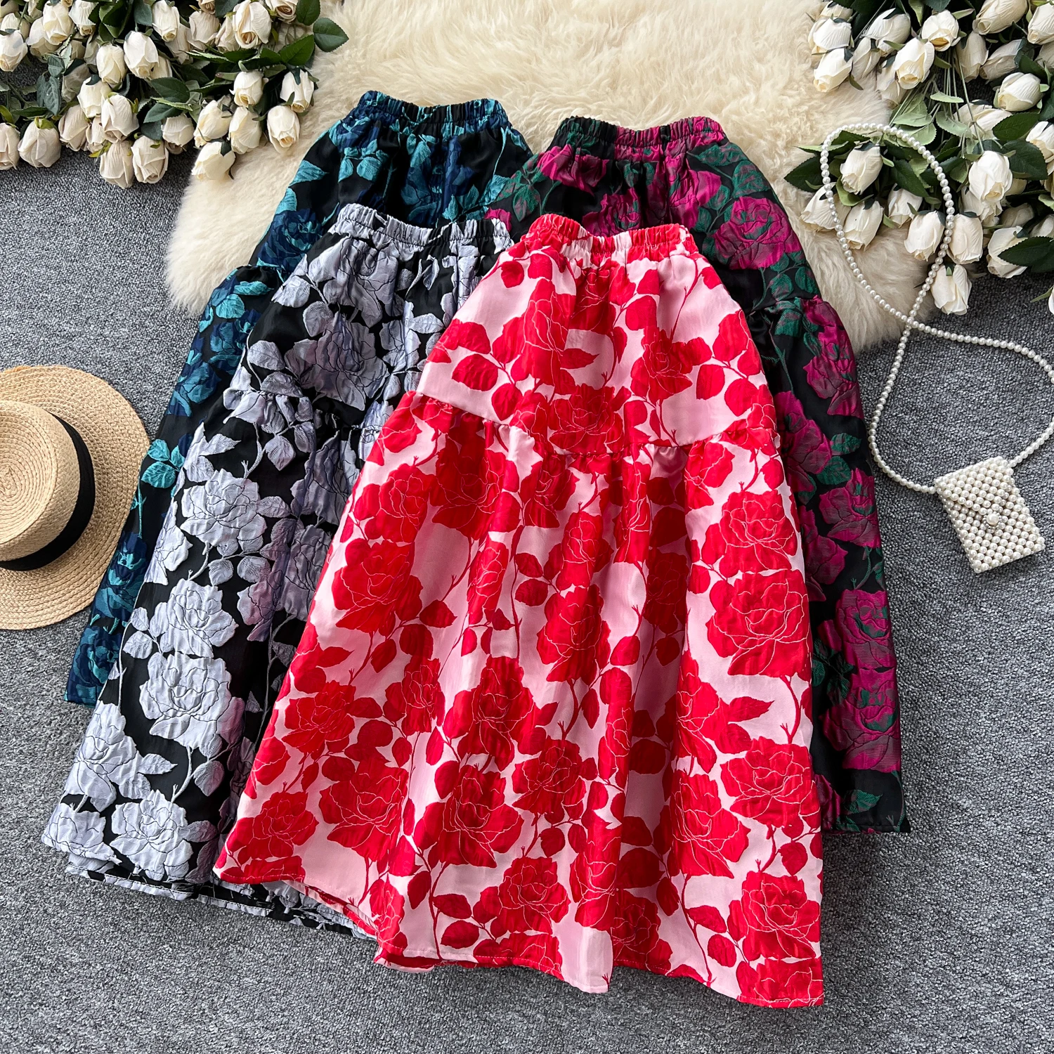 

2026 New Autumn Jacquard A Line Skirt High Waist Florals Print Senior Women Light Luxury France Vintage Elegant Long Skirt