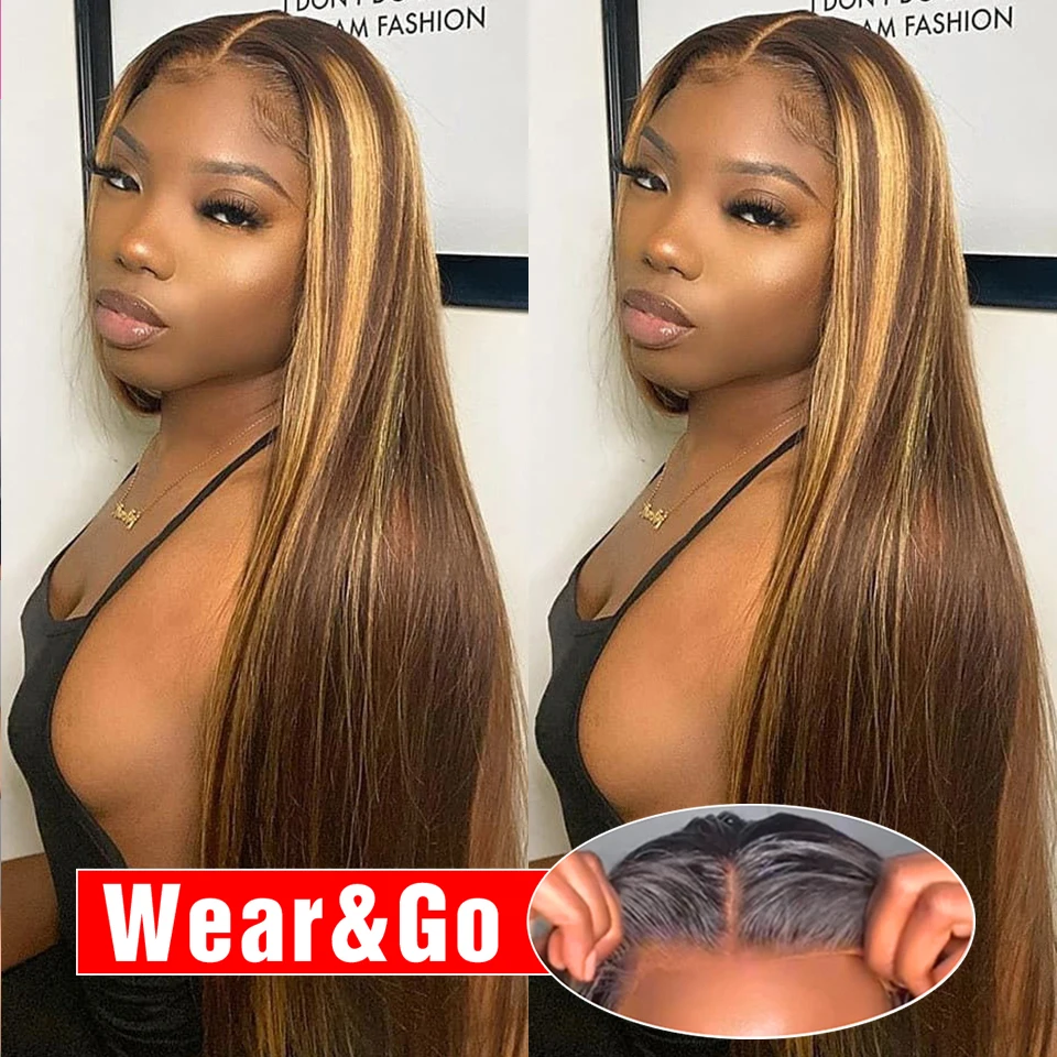 Glueless Highlight Wigs Human Hair Ready To Wear And Go Preplucked For Women Ombre Colored Straight 13x6 HD Lace Frontal Wig 200