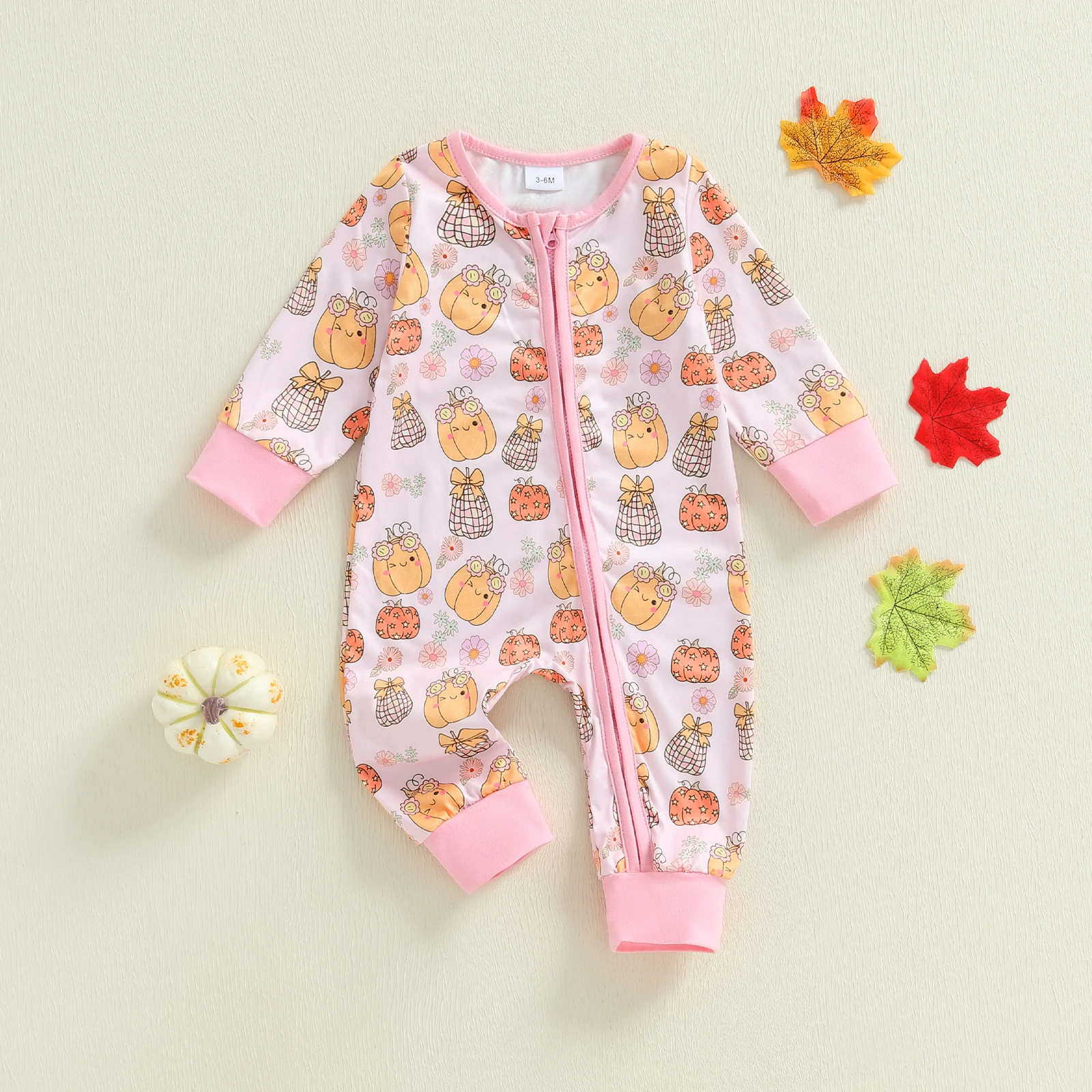 

SUNSIOM 0-18 Months Baby Girl Halloween Romper Pumpkin Floral Long Sleeve Zip-up Jumpsuit Cute Fall Clothes