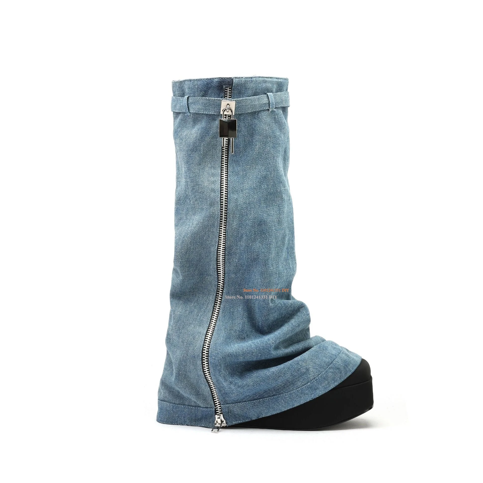 

Light Blue Denim Padlock Wedge Heeled Boots Women Wash Jeans Zipper Metal Decor Knee High Long Boot