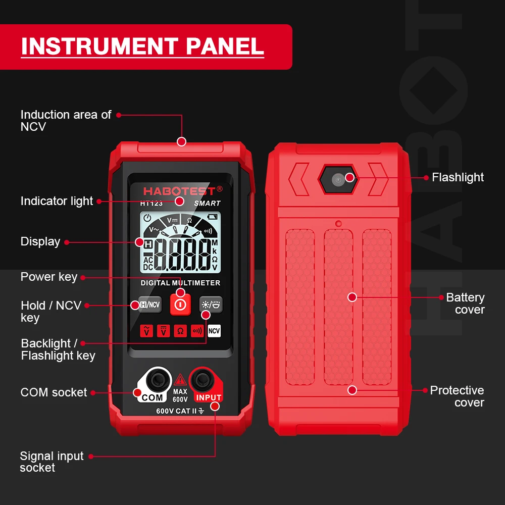 HABOTEST HT123 Smart Digital Multimeter AC/DC Voltage Resistance Continuity Measurement Tester NCV Multimeter with Backlight