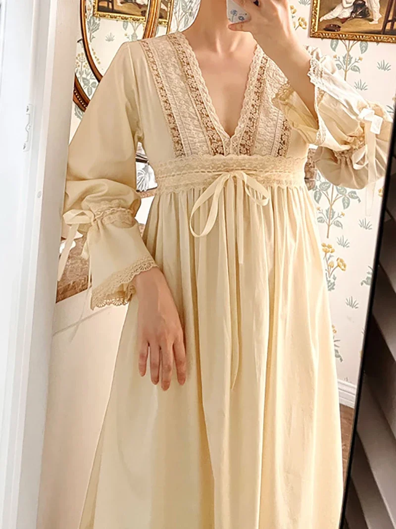 

Women Vintage Princess Night Dress Spring Autumn Pure Cotton V-Neck Ruffles Lace-Up Victorian Fairy Sleepwear Pajamas Nightgowns