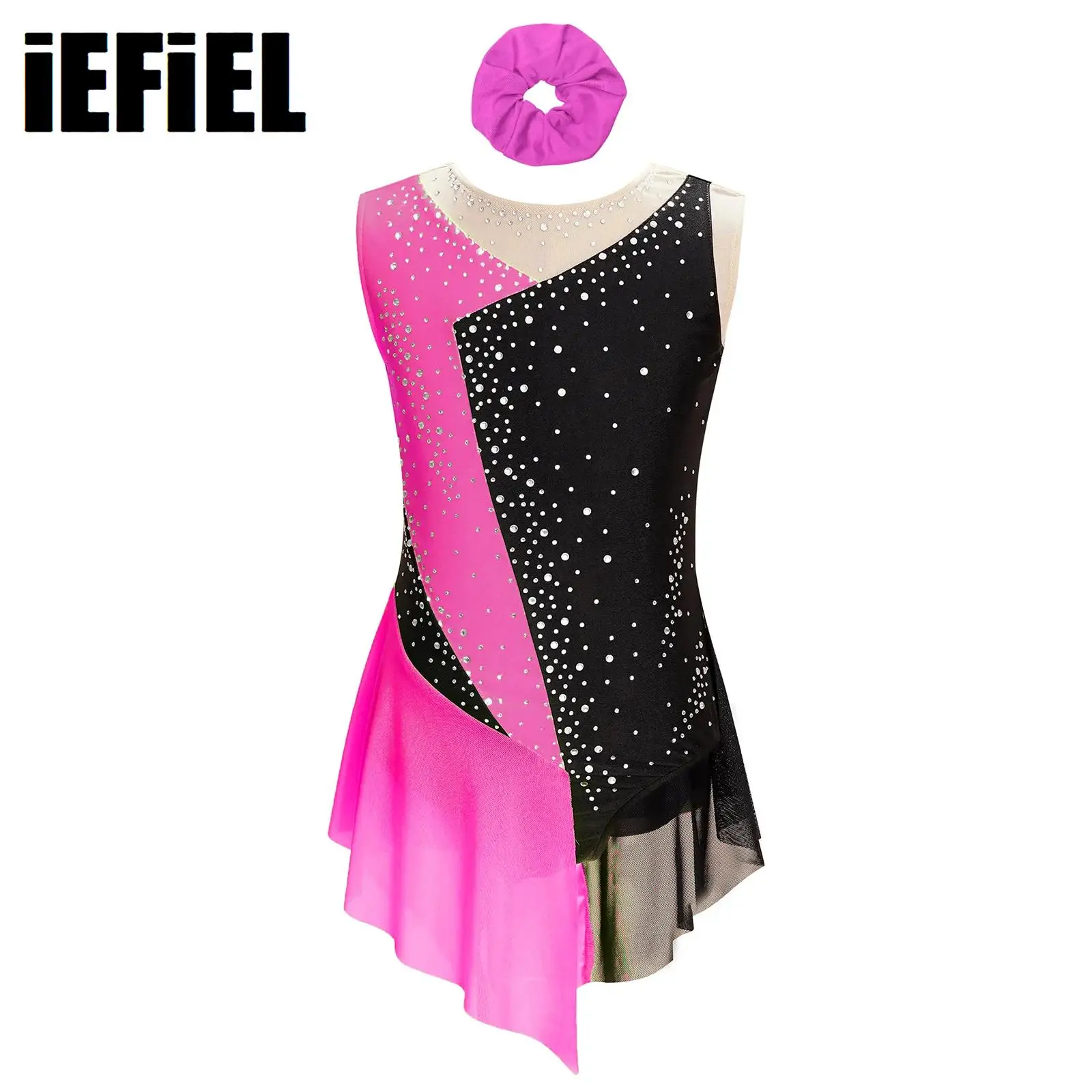 

Kids Girls Figure Skating Dance Outfit Sparkly Rhinestone Color Block Leotard Sheer Mesh Patchwork Bodysuit with Hair Band