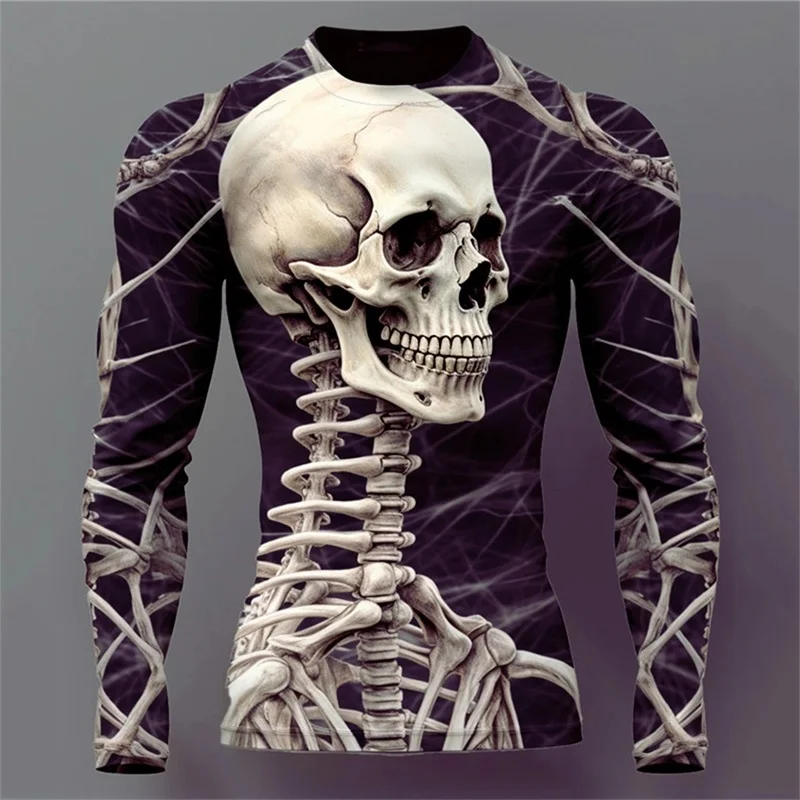 3D Print Skull Skeleton Graphic Tshirt For Men Casual Long Sleeve Crew Neck T Shirt Tees Mens Halloween Terror T Shirts Top