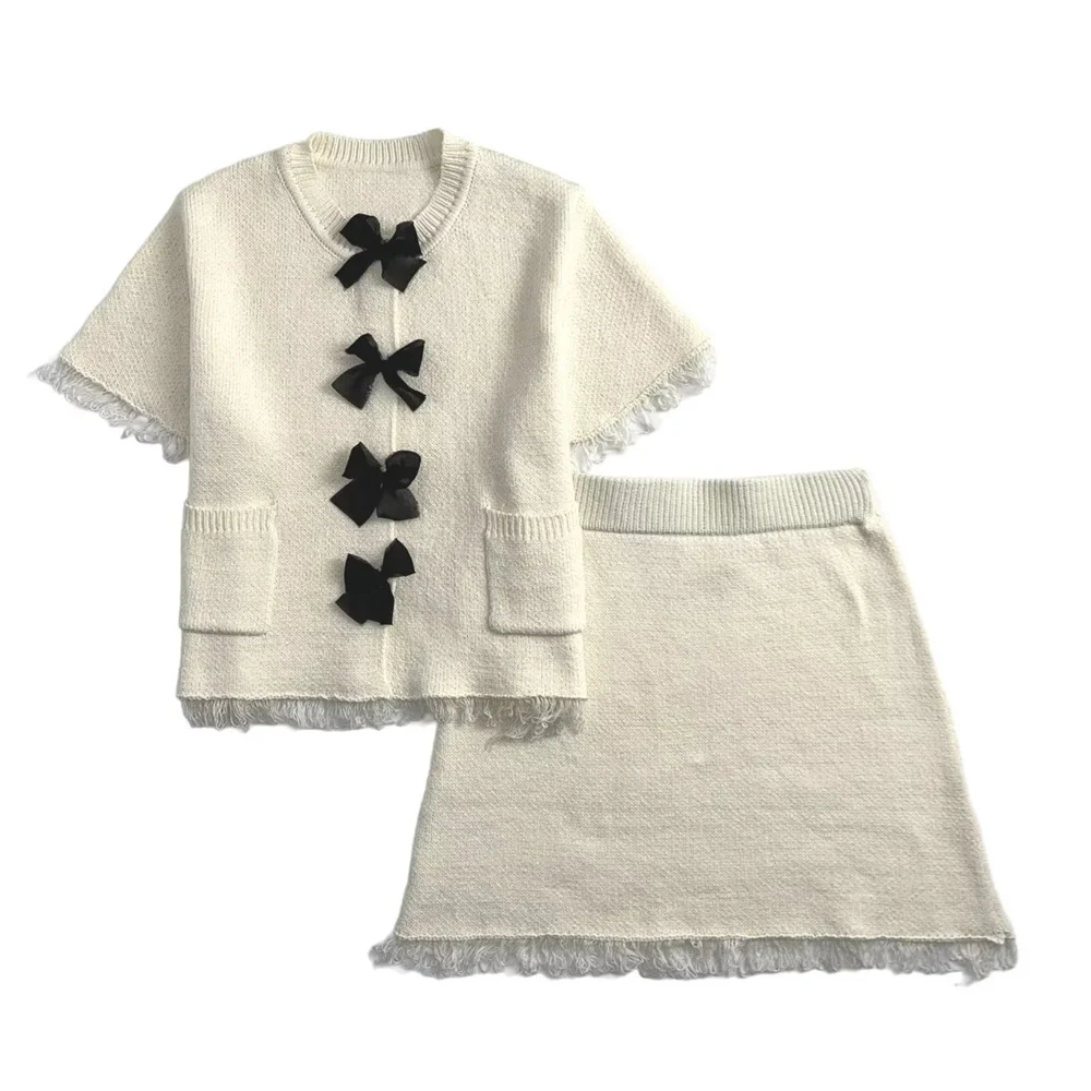 

UNIZERA women's bow decoration short sleeved temperament knitted jacket half skirt spring and summer new women's clothing