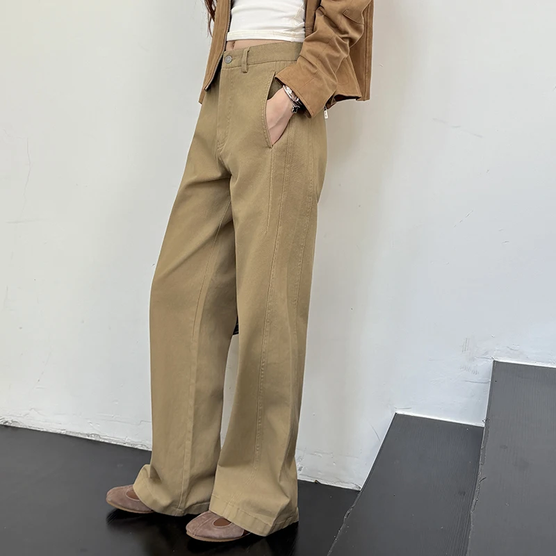 

QOERLIN брюки-карго женские широкие свободные повседневные брюки цвета хаки с высокой талией женские 2026 новые брюки на молнии корейские модные брюки