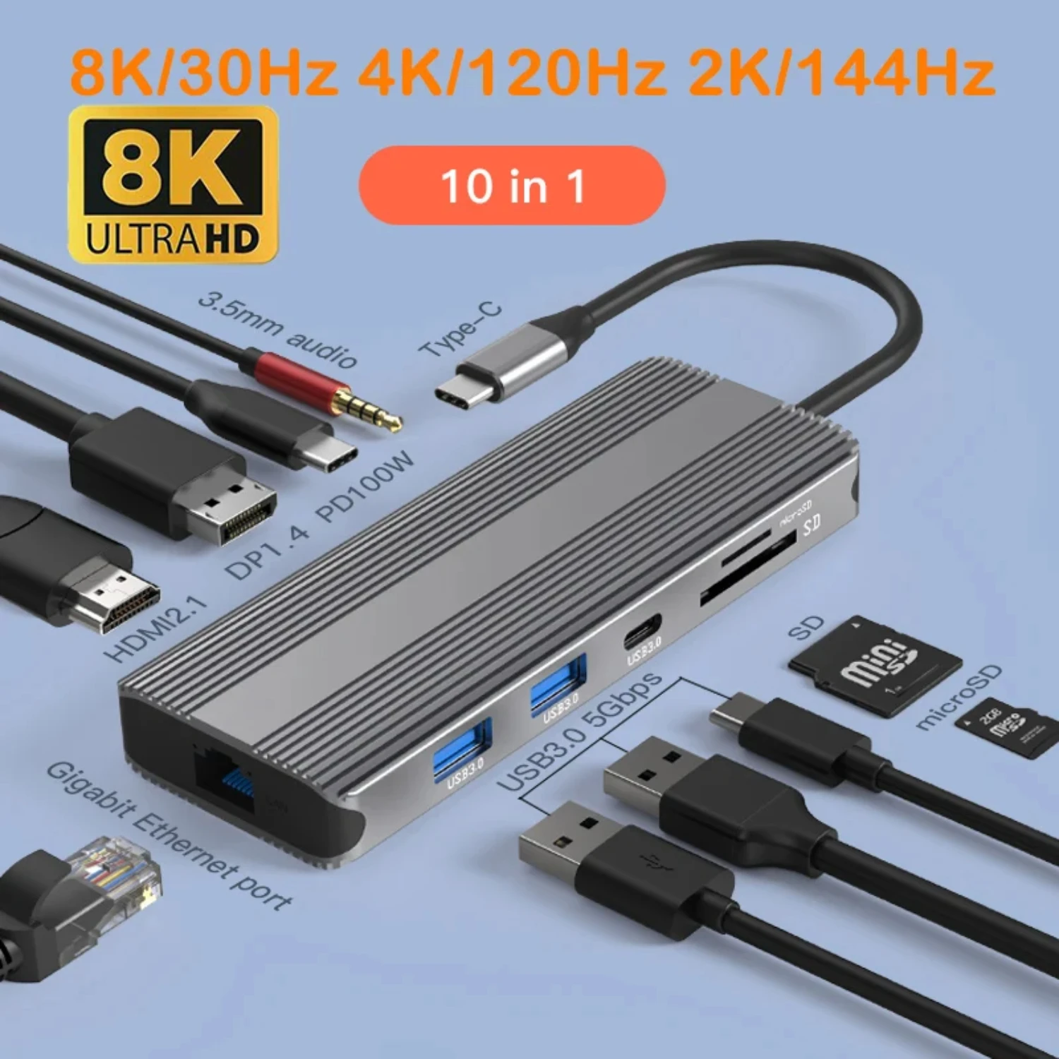 

8K USB C Laptop Docking Station 10in1 MST USB 3.0 RJ45 PD DP 4K 120Hz 2K 144Hz Hub for Macbook Surface