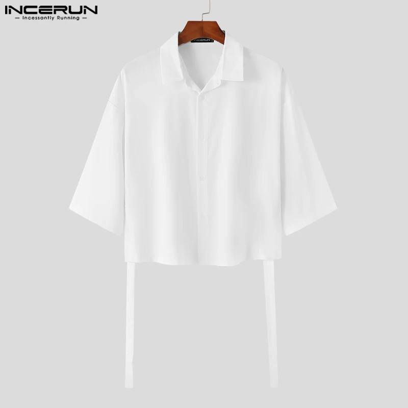 Fashion Casual Style Tops INCERUN 2024 Handsome Men\'s Solid Blouse Party All-match Male Ribbon Short-sleeved Lapel Shirts S-5XL