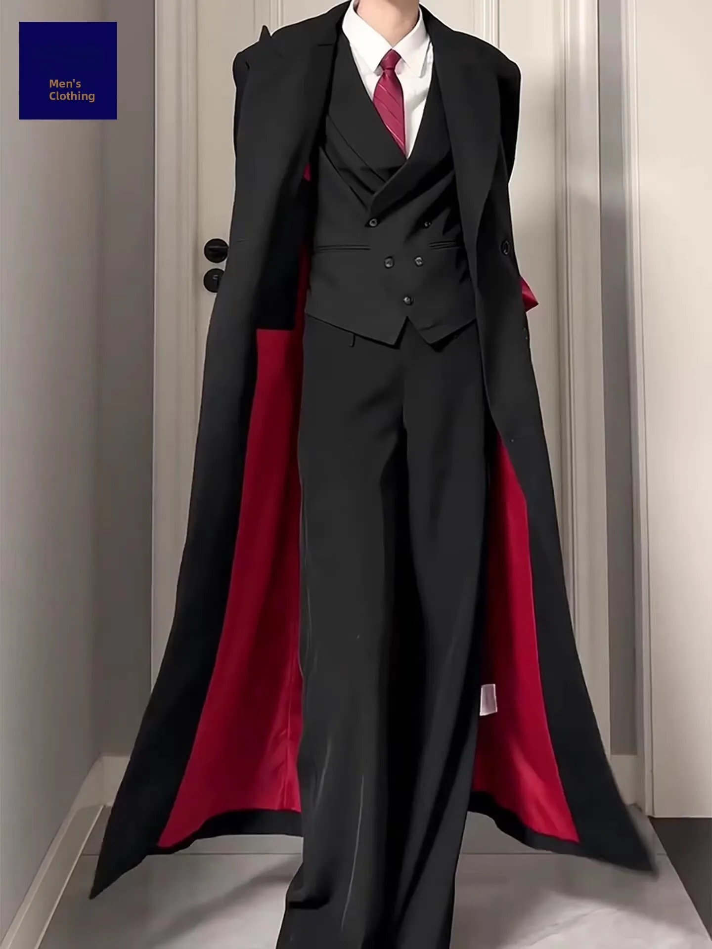 Abrigo Largo Estilo BarmaKen para Hombre, con Hombreras, Cuello de Traje, Cortavientos, Moda Urbana, Otoño Invierno, Rojo y N...