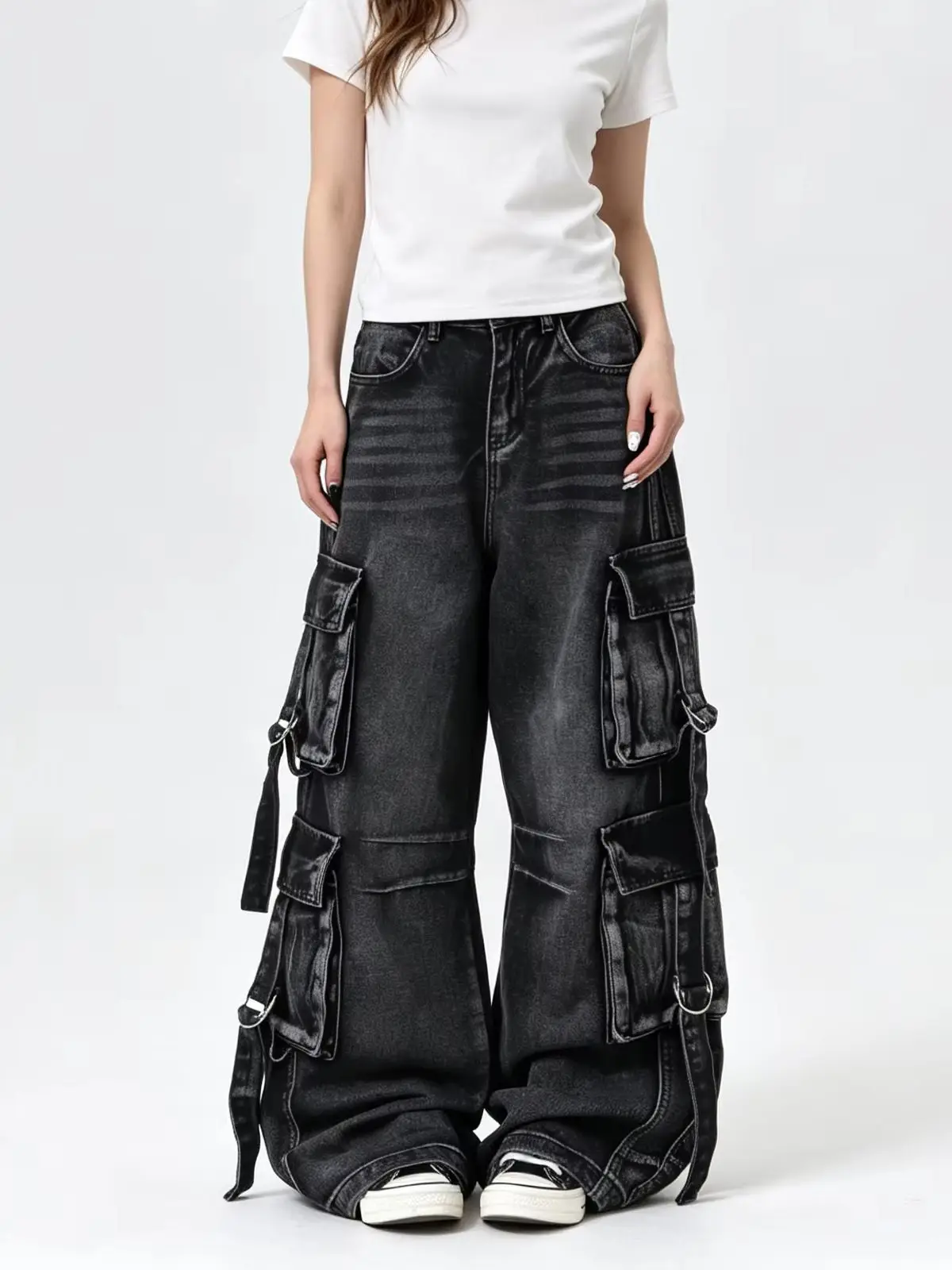 

Women's Black Gothic Denim Pants Cargo Baggy Y2K Japanese Harajuku High Street Fashion Loose Wide Leg Retro Jeans Clothing 2026