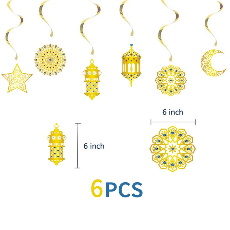 6Pcs Eid Mubarak Star Moon Spiral Ornament Hanging Pendant Swirl Ramadan Kareem 2024 Muslim Islamic Party Ramadan Home Supplies