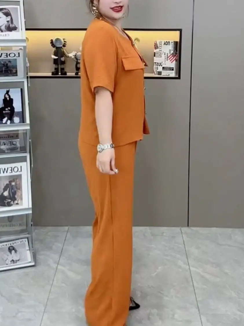 Fashionable Summer Short Sleeve Two-Piece Set plus Size Women's Casual Wear Small Fragrance Style High Waist Suit High Quality