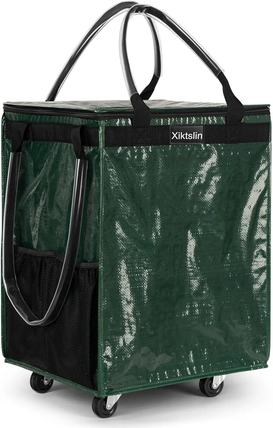 

66lb Rolling Grocery Tote on Wheels, Foldable Shopping Cart with 3 Handles, Medium Green