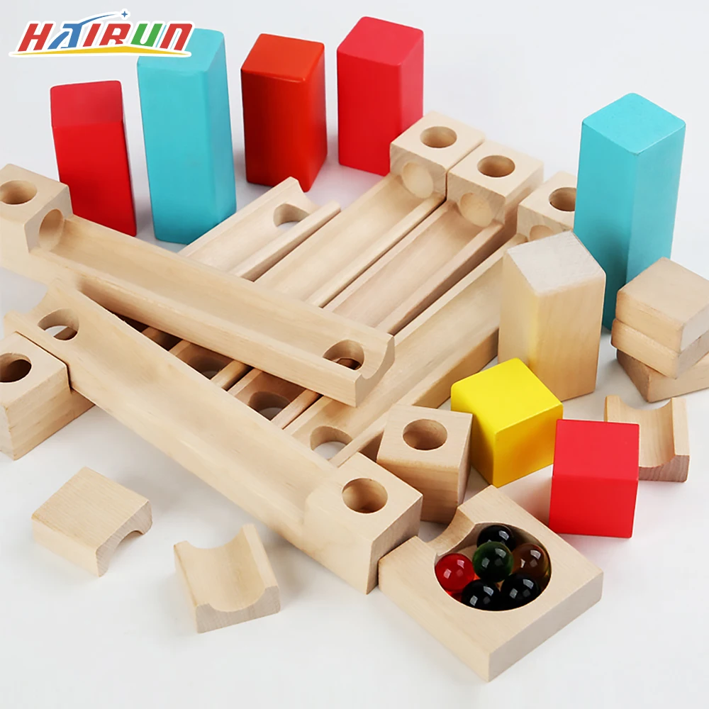 28Pcs Wooden Runway Rolling Ball Track Blocks Children\'s Educational Assembled DIY Building Blocks Pipe Ball Toy Kids Gifts