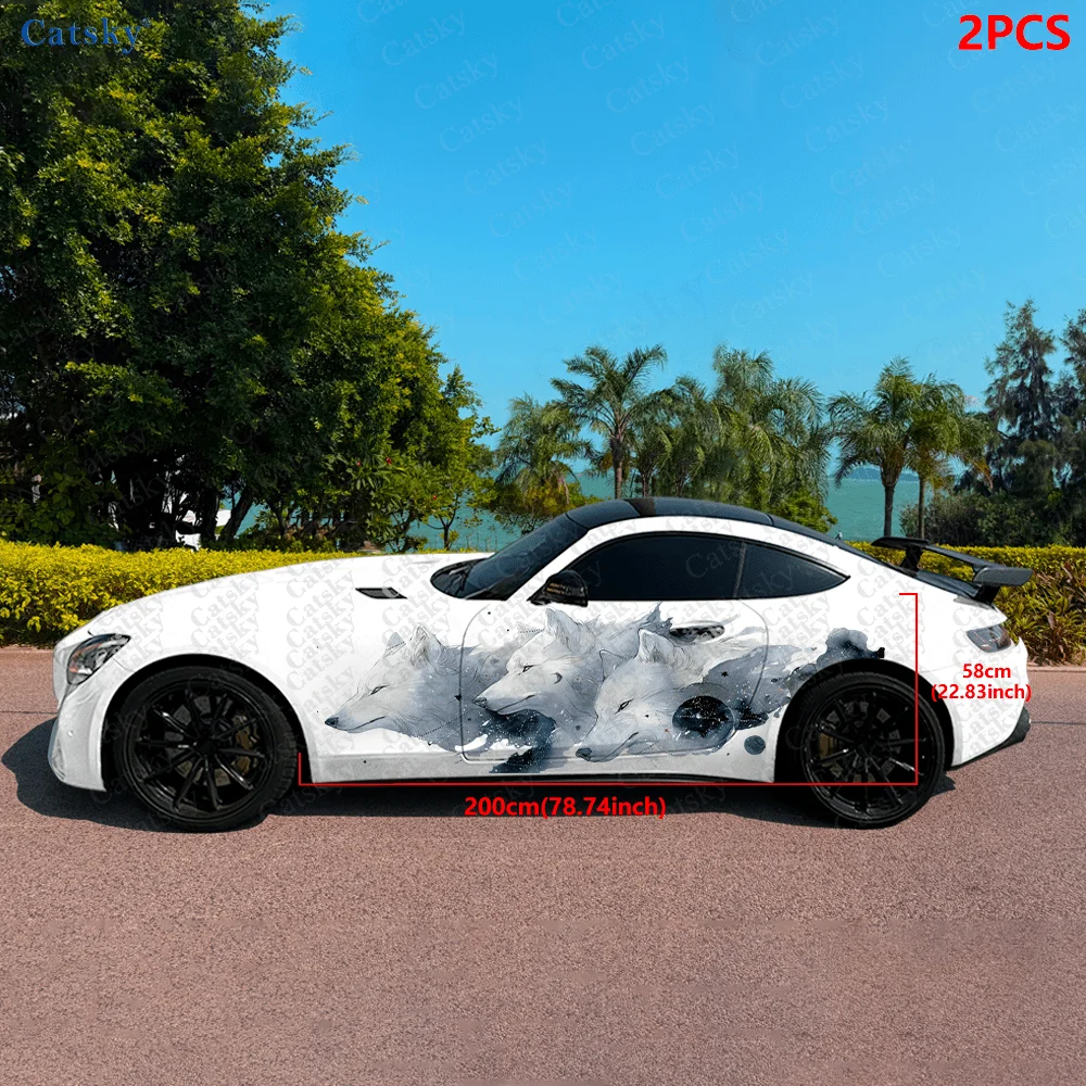 2pcs.Creative Starry Sky & White Wolf Car Wrap - Decorative & Practical, Scratch-Resistant, Fade-Proof, Wear-Resistant, E