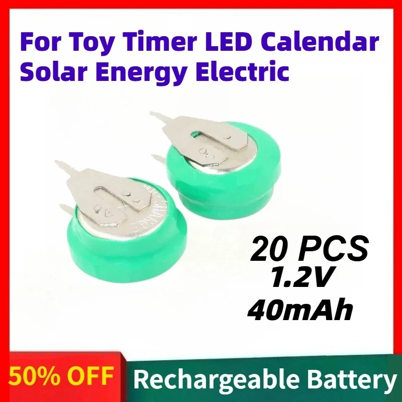 

20PCS 1.2V 40mAh Ni-MH Rechargeable Battery Button Coin Cell with Welding Pins for Toy Timer LED Calendar Solar Energy Electric