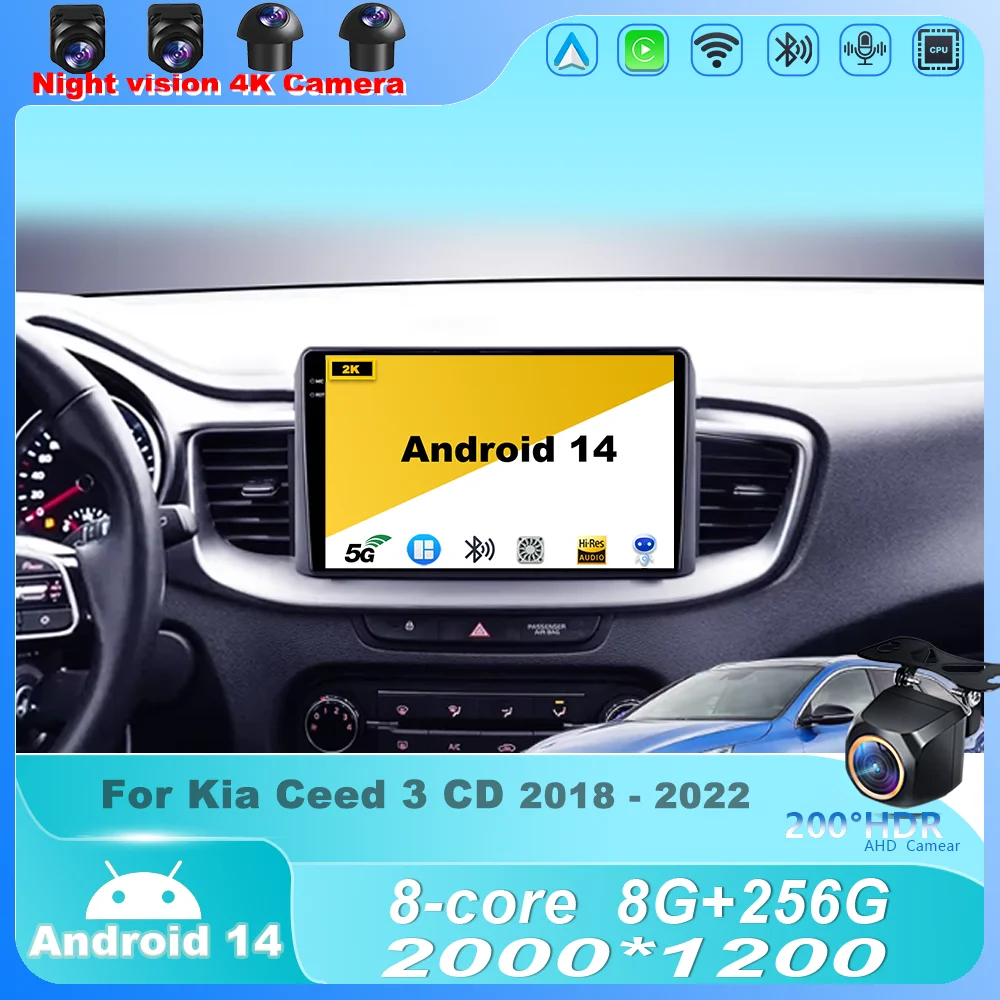 

Автомобильный радиоприемник для Kia Ceed 3 CD 2018-2022 Android 14 Мультимедийный плеер Стерео навигация GPS 5G WIFI 7862 Процессор Carplay Auto