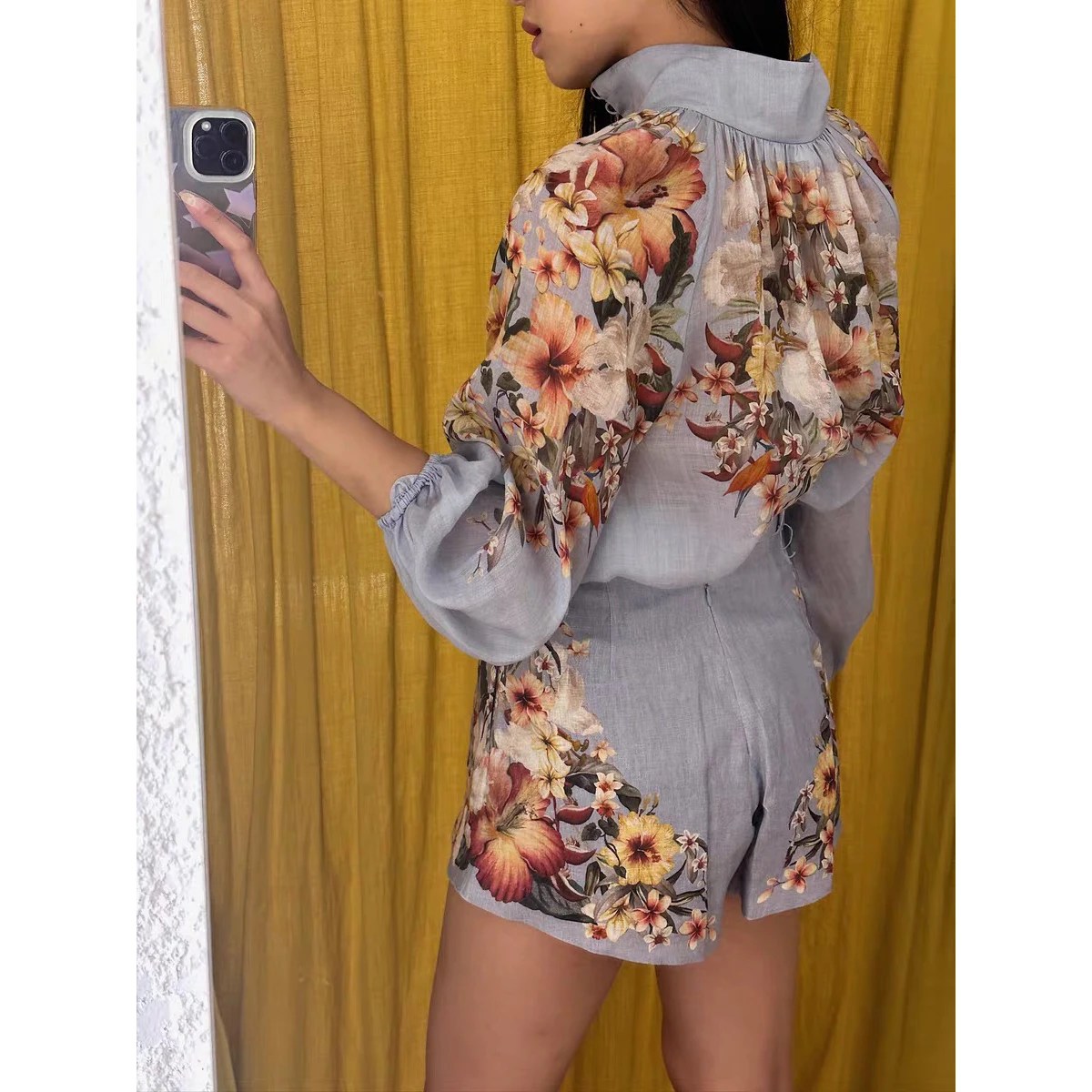 

Blue Printed irt Single Button Stand Collar Wide Leg orts Belt Faion Set 2024 Spring Seasonal Ladies Premium Clothing