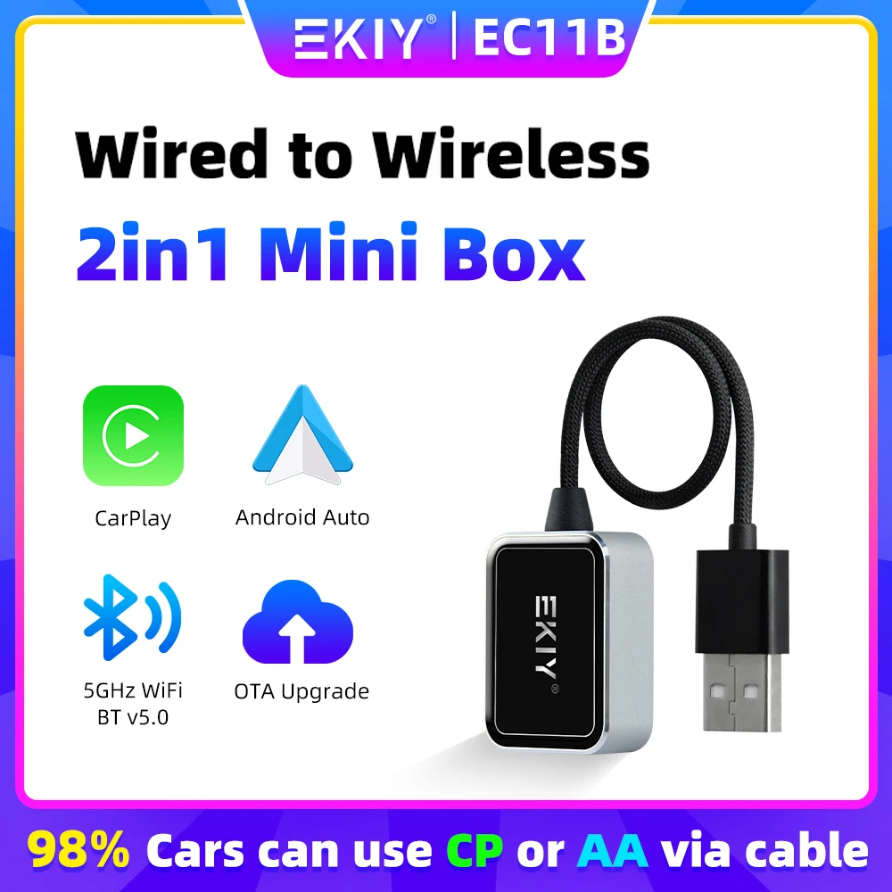 EKIY EC11B Mini Carplay Android Auto Wired To Wireless  Car Play Box Adapter Smart Ai Box Bluetooth WiFi Spotify Connect