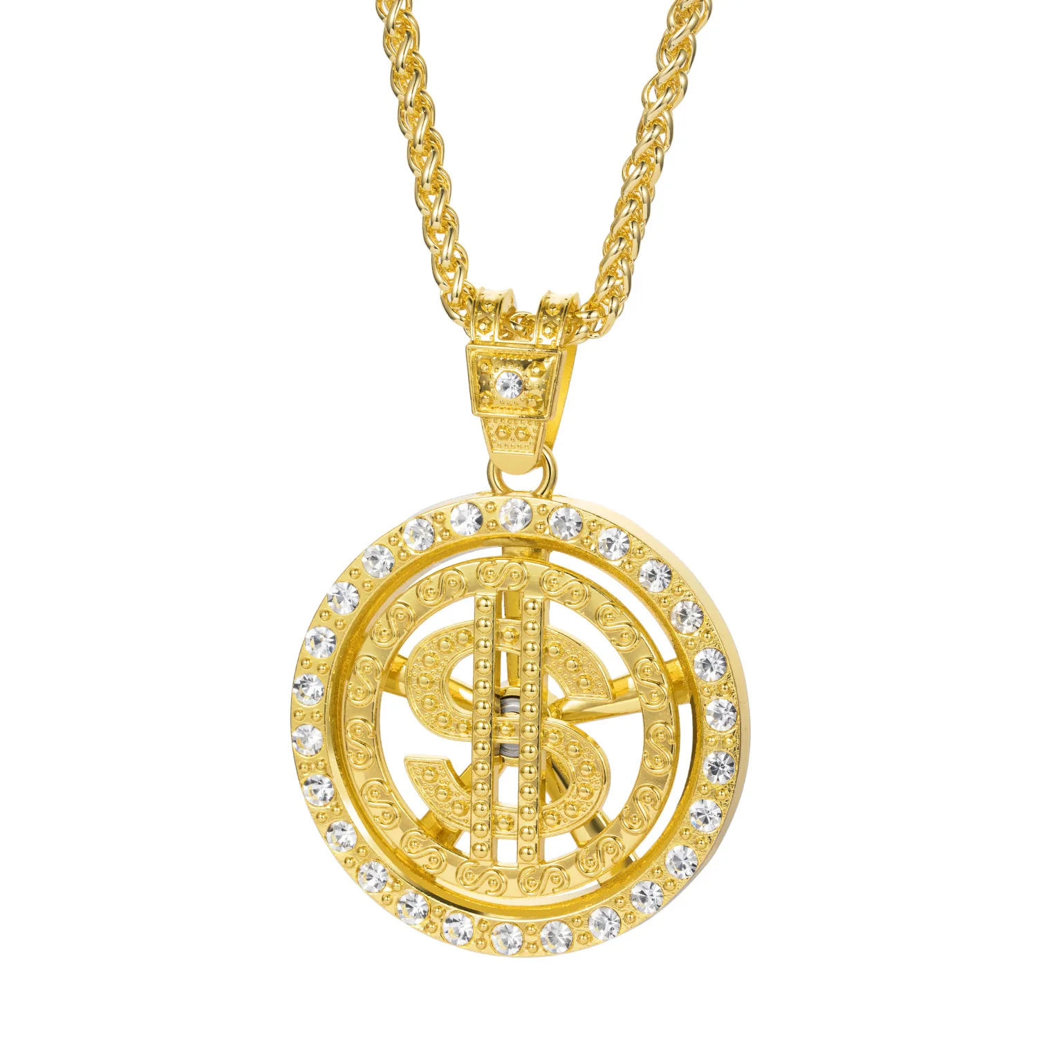 Rotate Dollar Sign Pendant Necklace Rhinestone Crystal Gold Silver Fashion Star Men Big Jewelry Long Cuban Chain Alloy Cool Boy