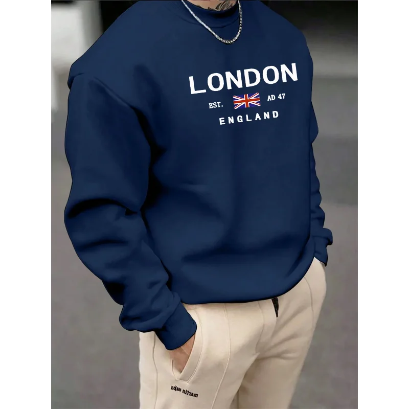 Men's Autumn Winter Heavyweight Soft London Flag Graphic Sweatshirt Multi Color Basic Long Sleeve Top