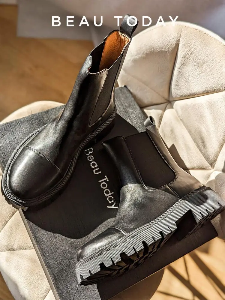 BeauToday Chelsea damskie buty z prawdziwej skóry platforma okrągłe Toe gumką gruba podeszwa buty damskie ręcznie robione 02379S