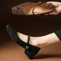 2025 Spring new women's leopard sheepskin metal buckle slip-on Mary Jane flats3cm thick med heel elegant ladies slim dress shoes